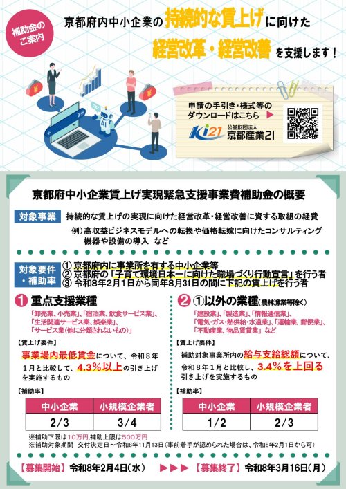 京都府中小企業賃上げ実現緊急支援事業費補助金のご相談を受付けています